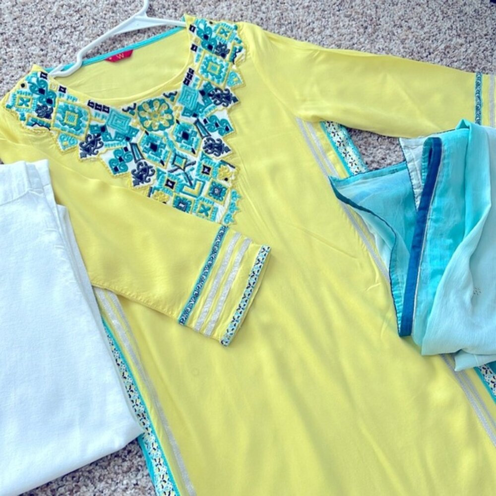 W brand 3 piece set of Embroidered kurta top with pant and dupatta